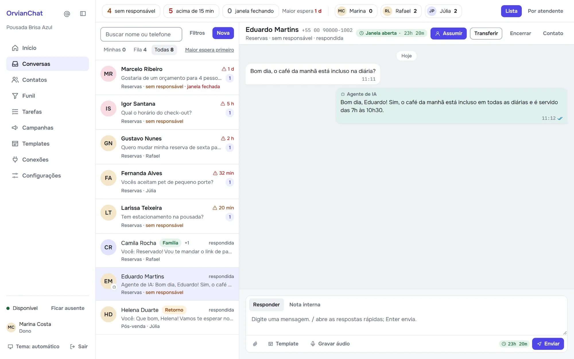 Conversa respondida pelo agente de IA do OrvianChat