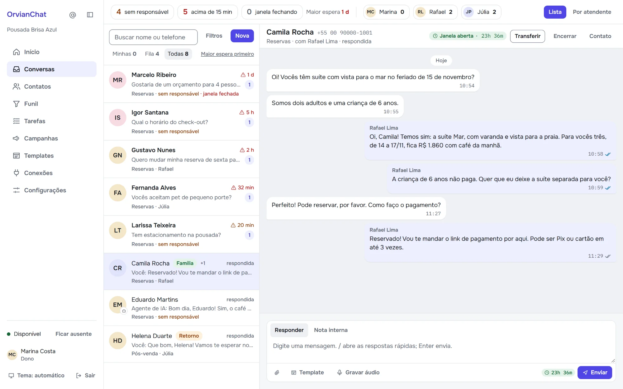 Caixa de conversas do OrvianChat com a fila da equipe e uma conversa aberta